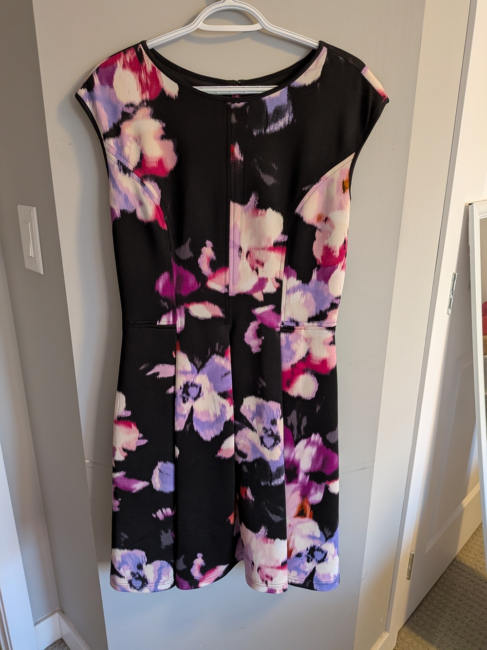 Maggy London Black Midi Dress with Purple and Pink Floral Print